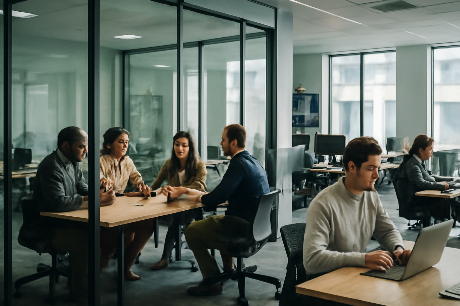 Open-plan tech office with employees in a glass meeting room and others working at laptops