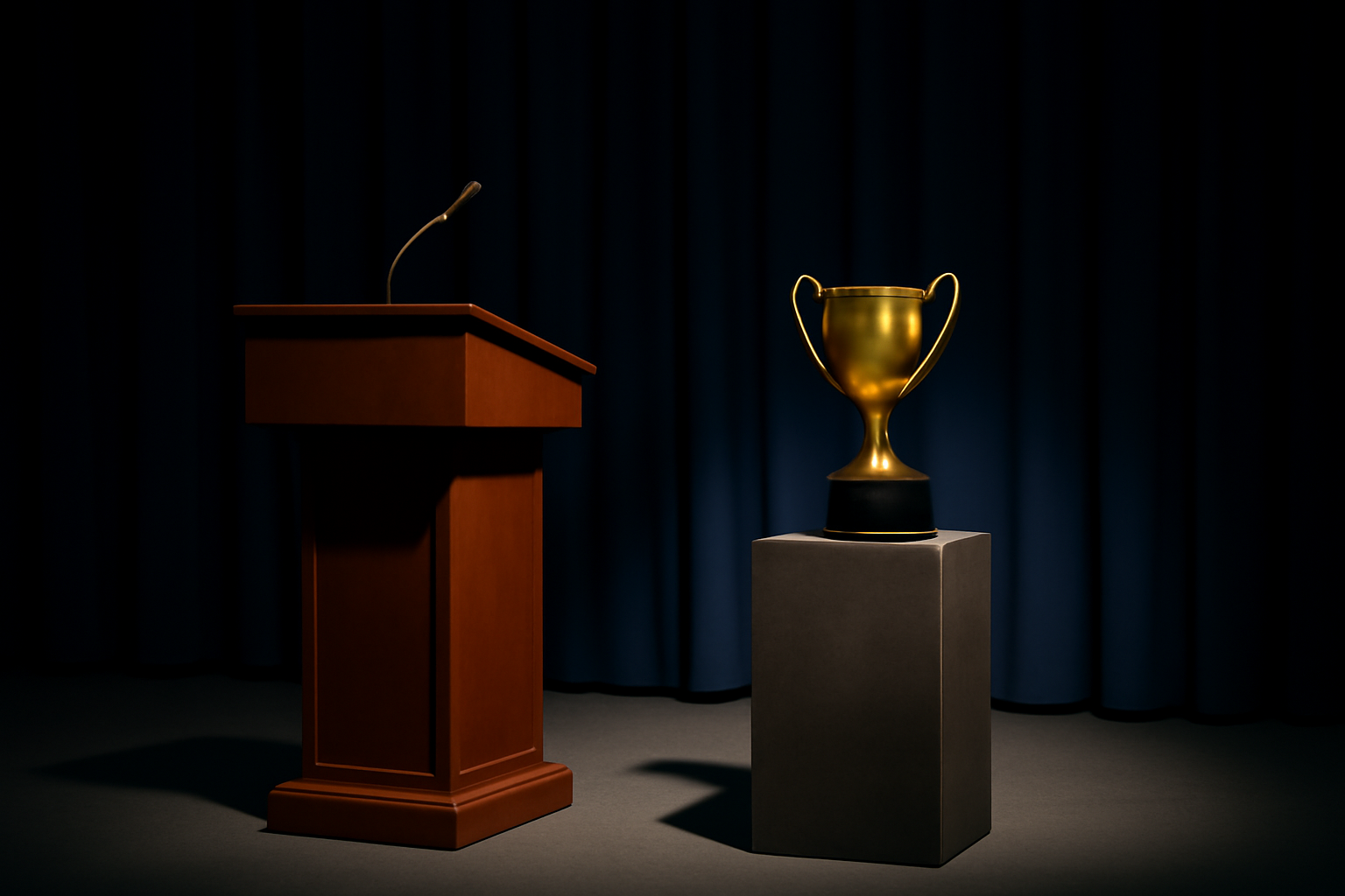 A lone trophy sits on an empty stage beside an unoccupied lectern and a row of dimmed spotlights