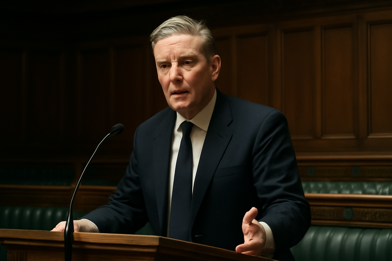 A politician speaking at a lectern inside a wood-paneled parliamentary chamber in London