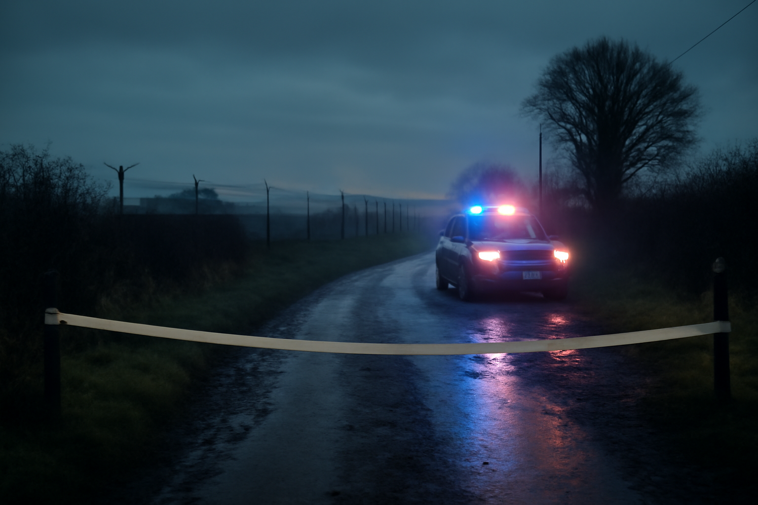 Police cordon tape and emergency vehicles on a rural road near a military air base at dawn