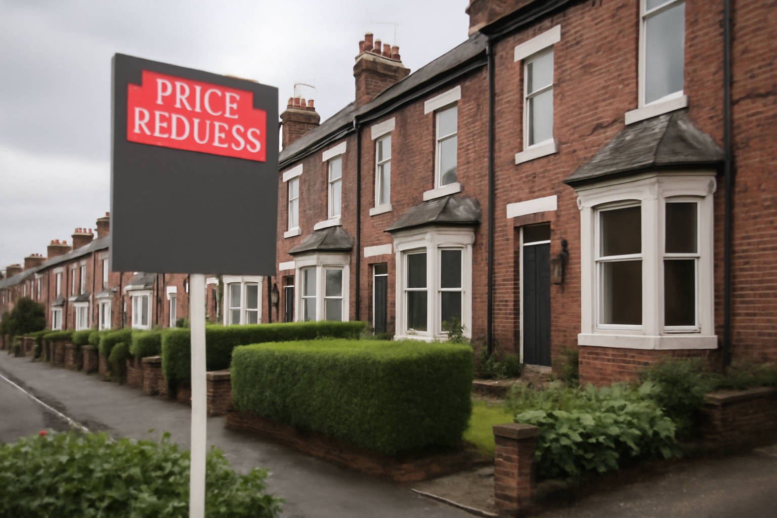 A row of terraced houses in a British suburb with a for-sale sign reading price reduced in front of one property