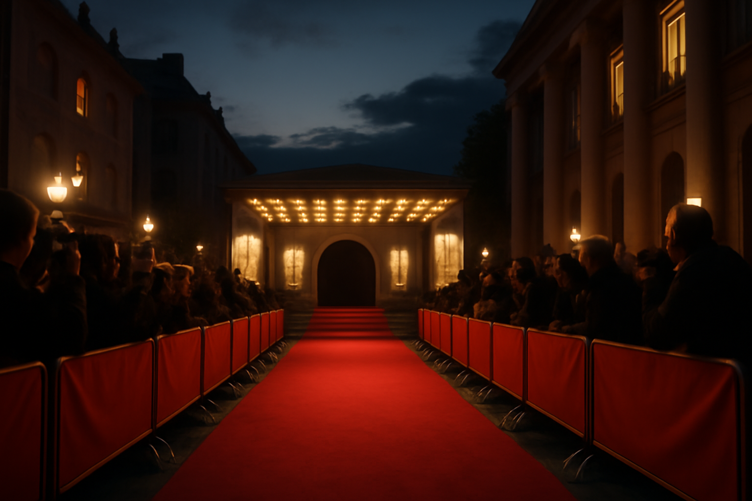 Exterior of a film festival screening venue with a red carpet and press barriers at night