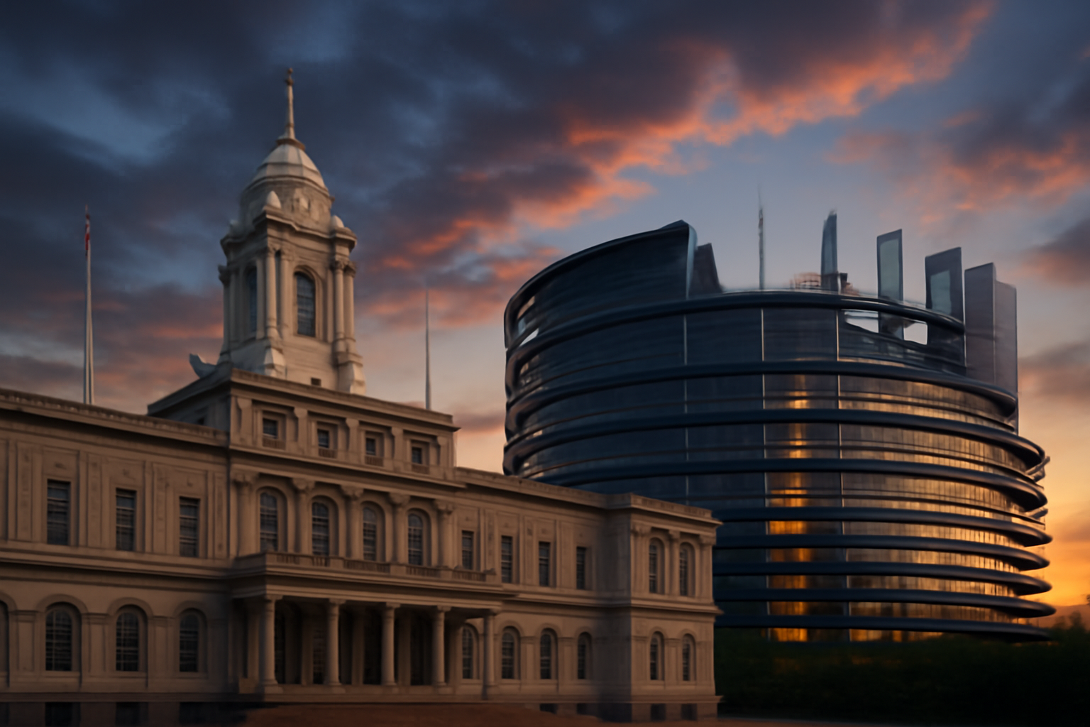 A city skyline at dusk with government buildings representing international political ties