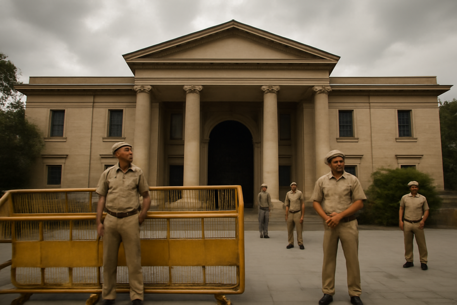 Police barricade and metal gate outside a courthouse entrance in Delhi
