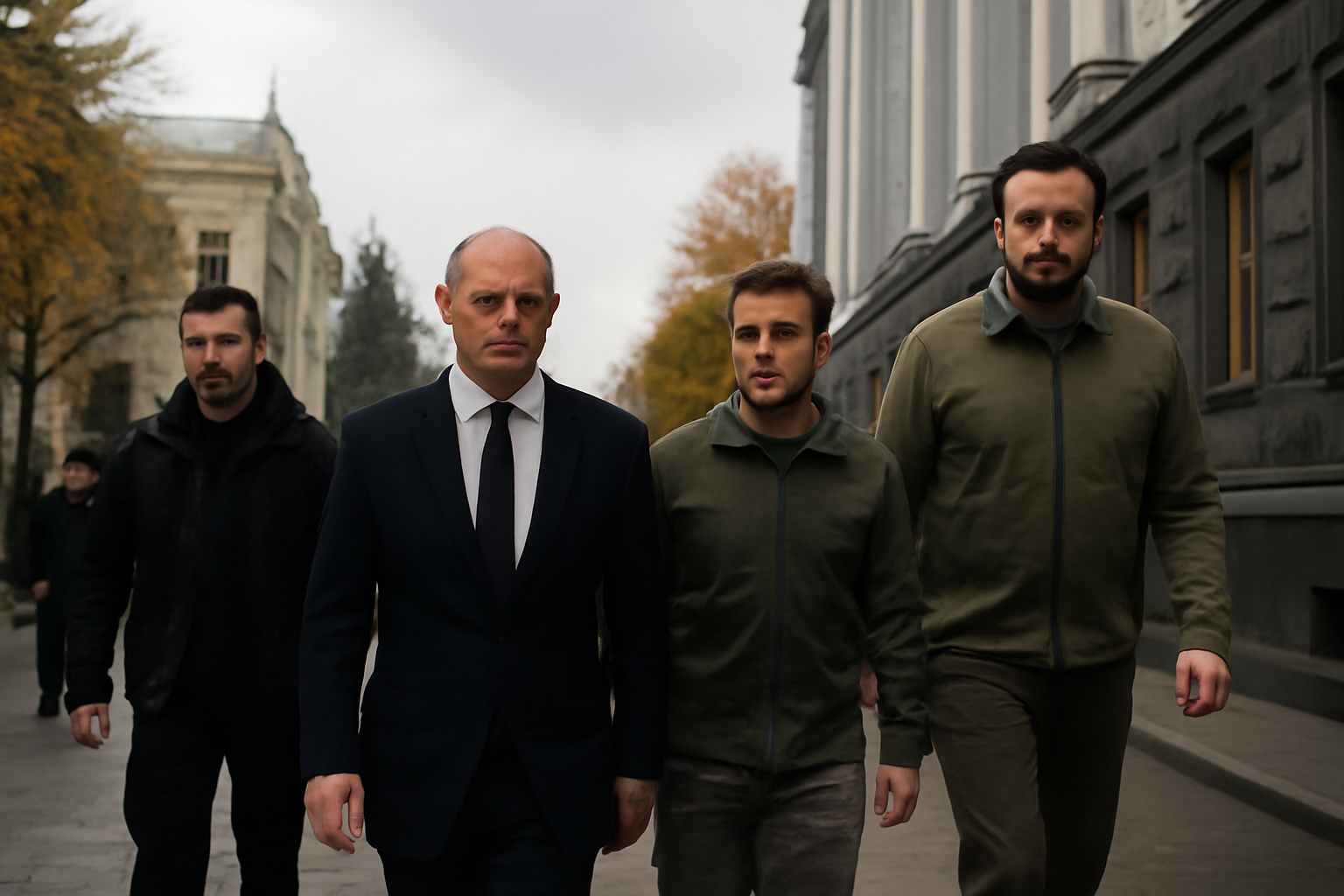 German chancellor walking with Ukrainian officials near government buildings in Kyiv