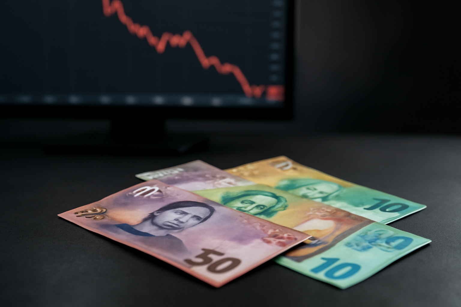 New Zealand dollar banknotes fanned out next to a financial monitor showing a downward-sloping currency chart