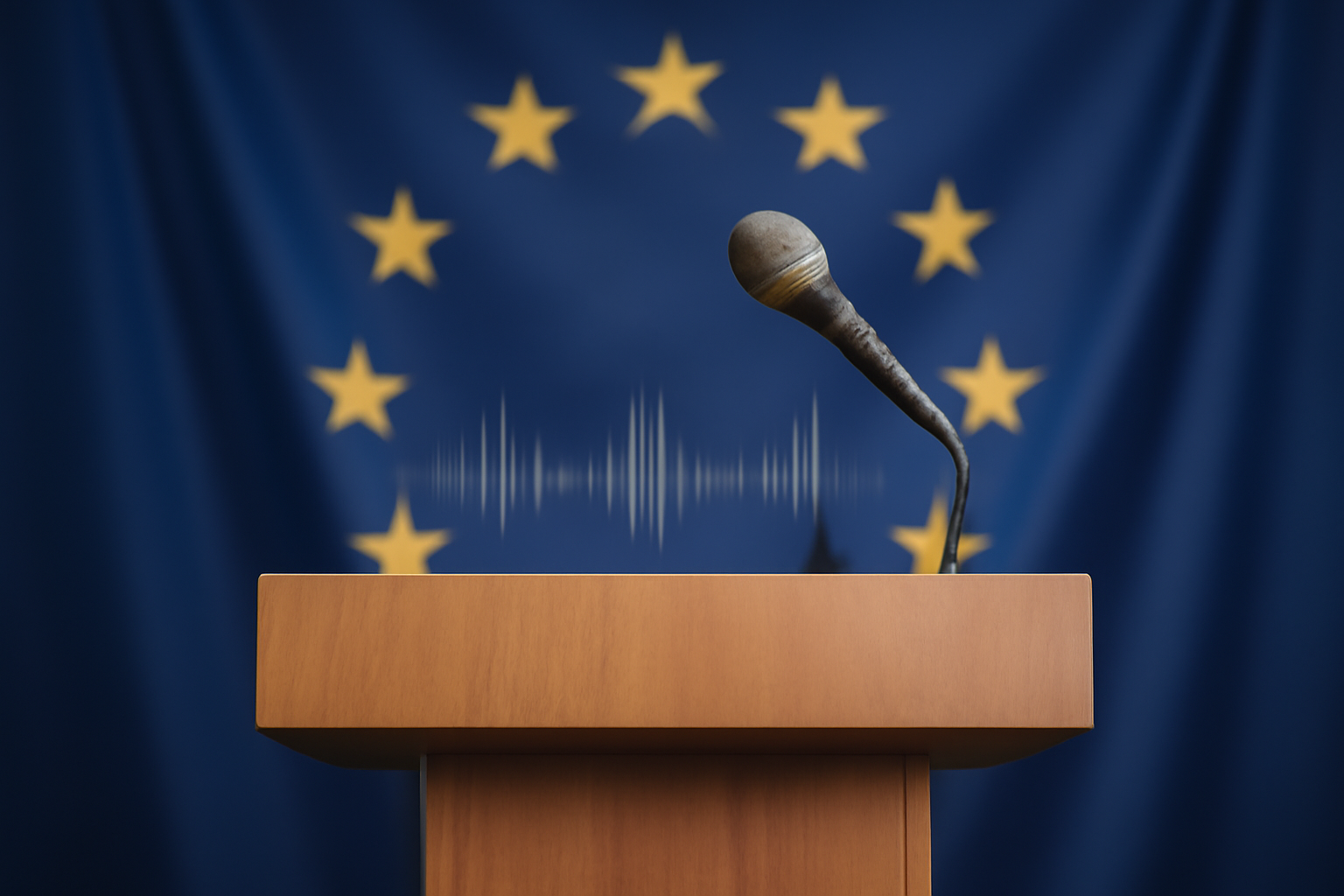 European Union flag beside a microphone and soundwave graphic symbolizing a voice trademark filing