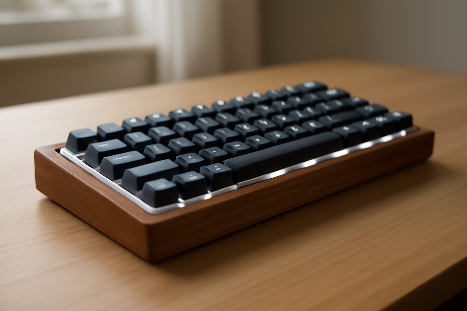 Close-up of a mechanical keyboard with wooden casing and backlit keycaps on a wooden desk