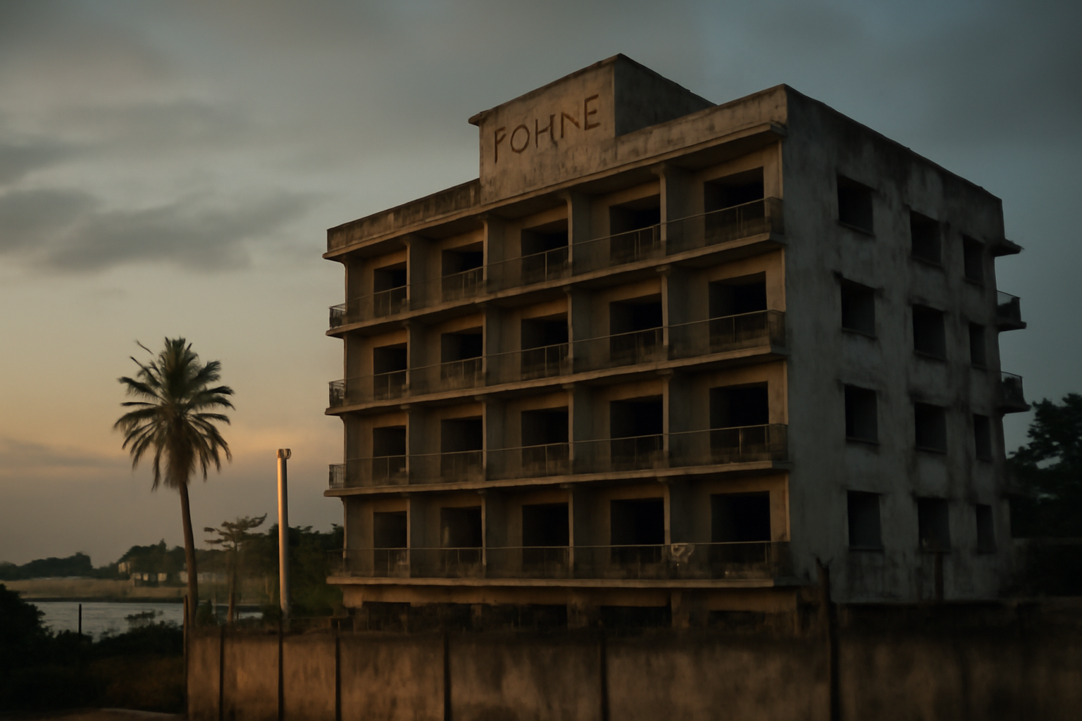 A weathered multi-story hotel building in Malabo used to hold US deportees