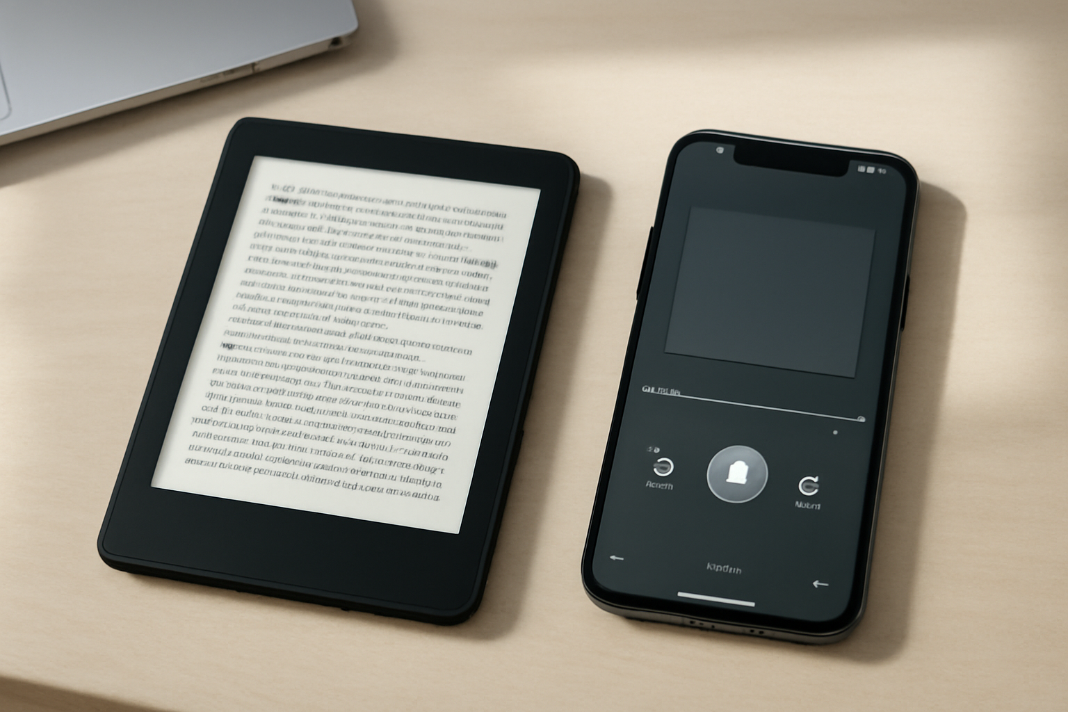 Kindle e-reader and smartphone displaying an audiobook app side by side