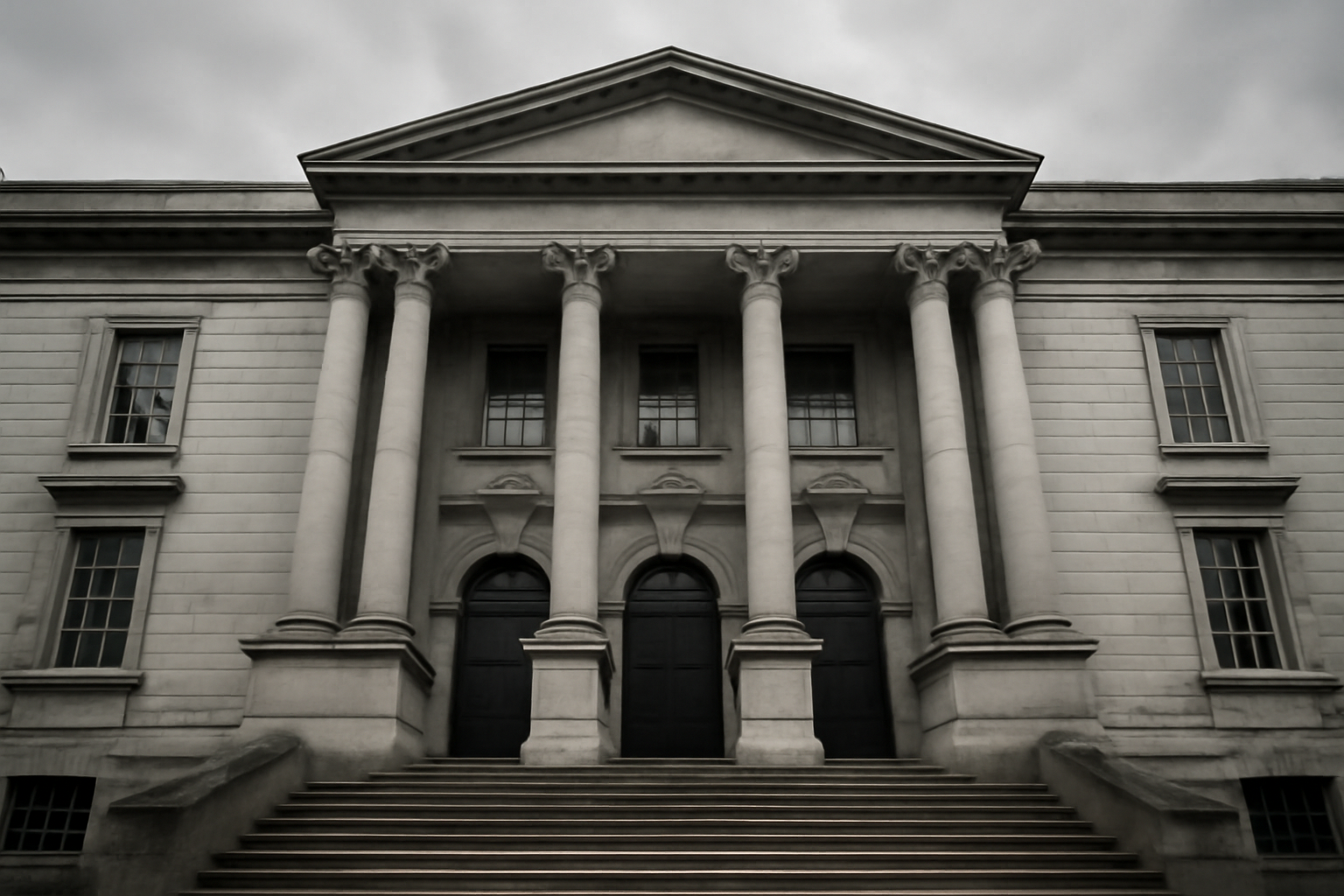 Exterior of a stone London magistrates' court building under grey sky