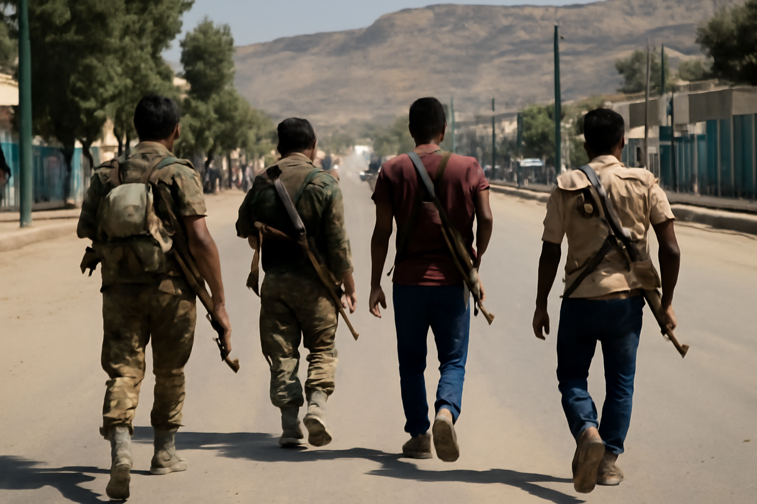 Armed fighters walking along a road in the northern Ethiopian city of Mekelle