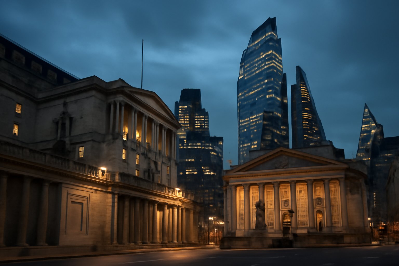 Office towers and the Bank of England building seen along a London financial district street at dusk