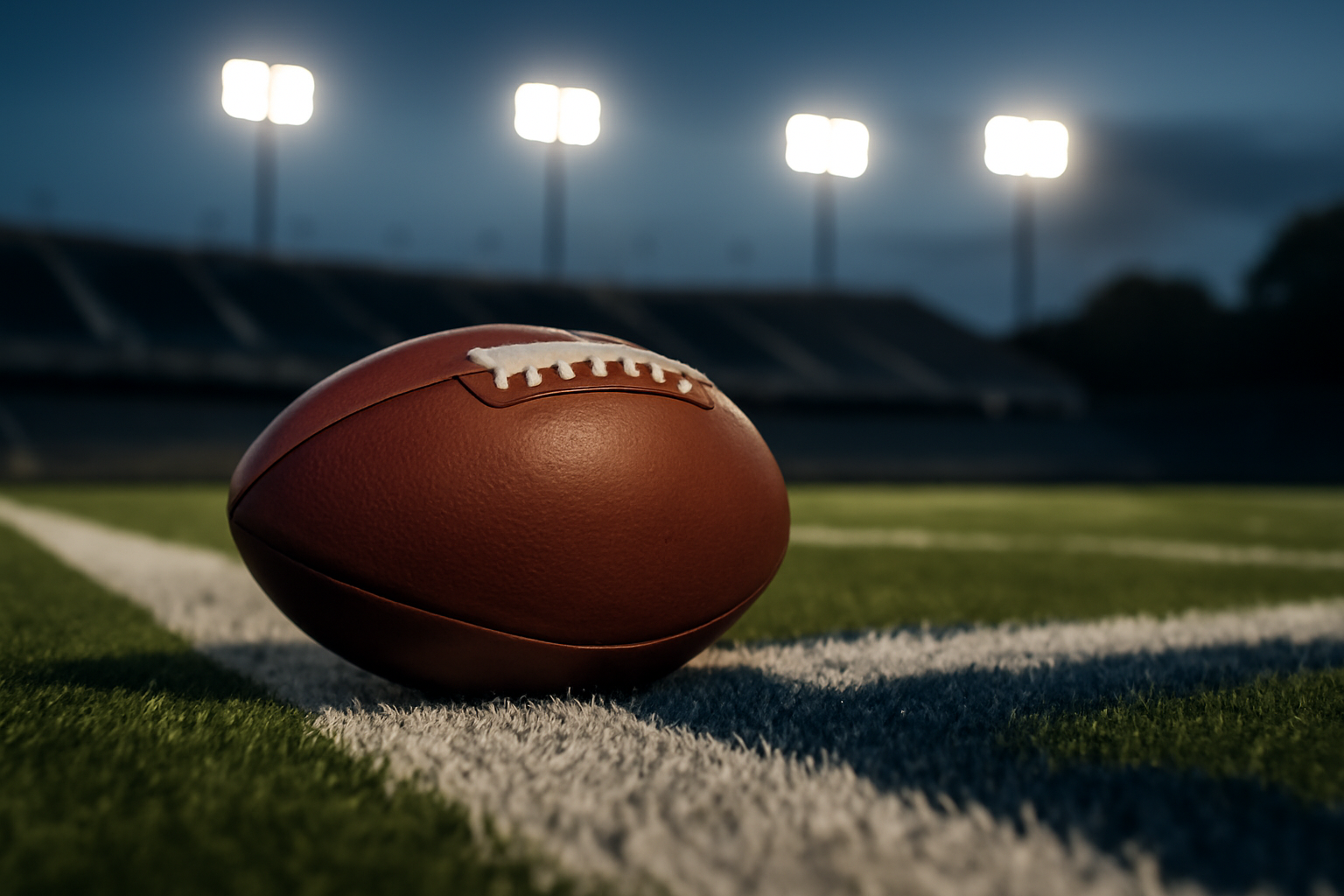 Football on the field lines under stadium lights before a Thursday night NFL game