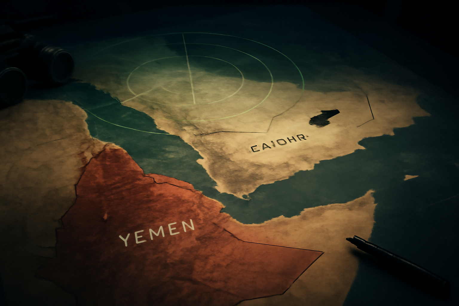 Map of the Arabian Peninsula showing Yemen and Saudi Arabia with a radar-style overlay