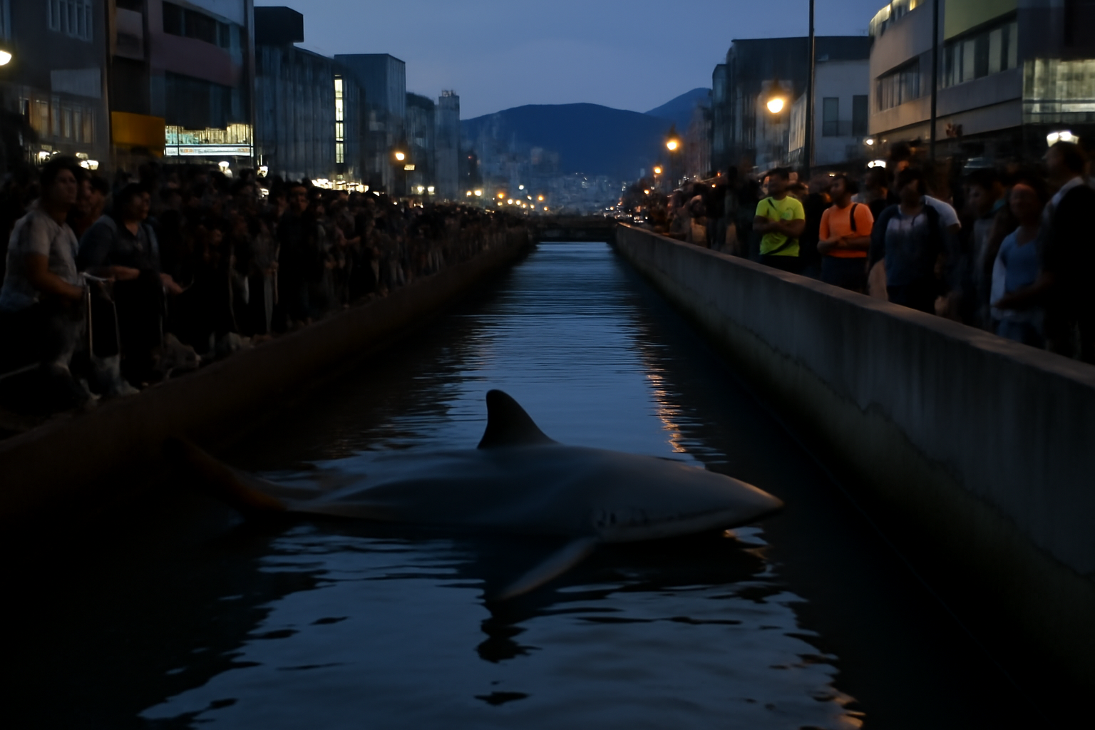 A dusky shark swimming in a narrow urban canal in Busan, South Korea, surrounded by onlookers along the waterfront