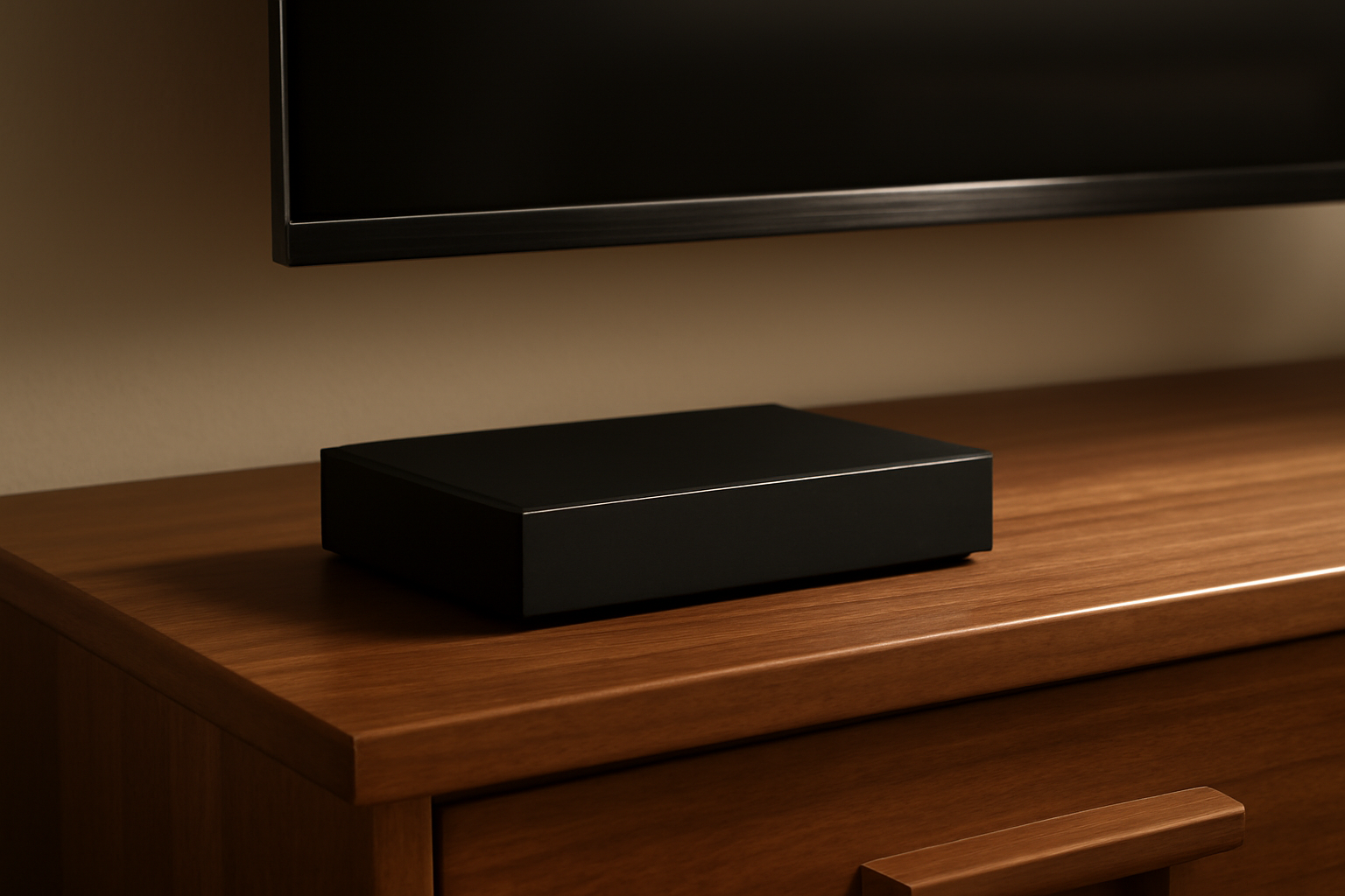 Nvidia Shield TV Pro streaming box sitting on a media console next to a television remote