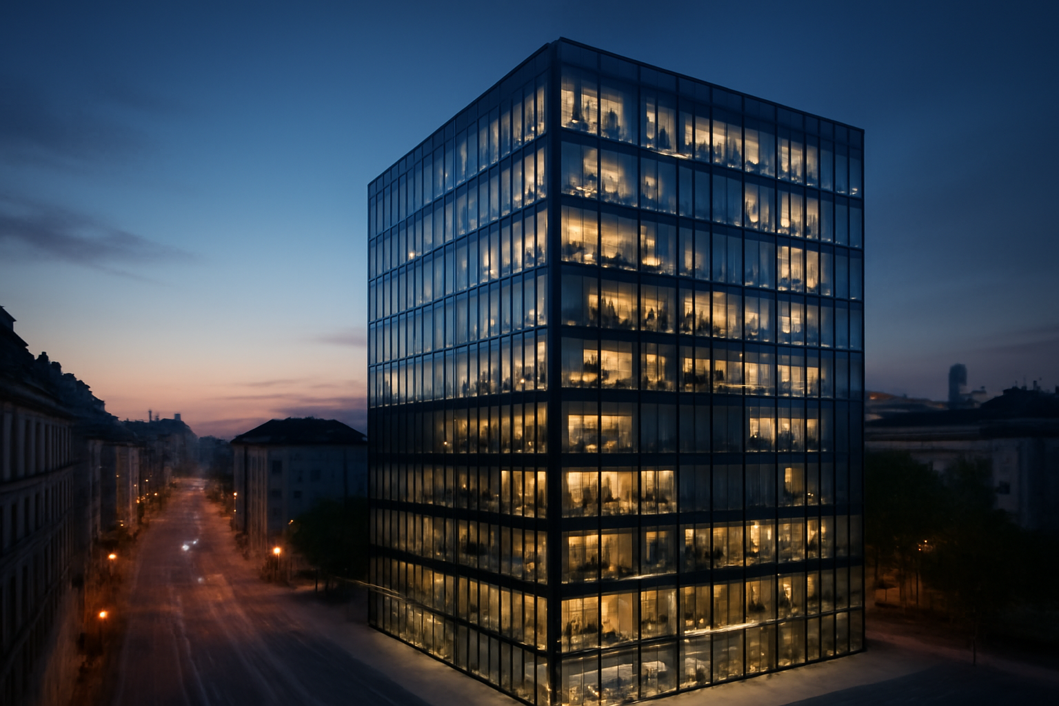 Modern office tower exterior with glass facade representing a technology company headquarters