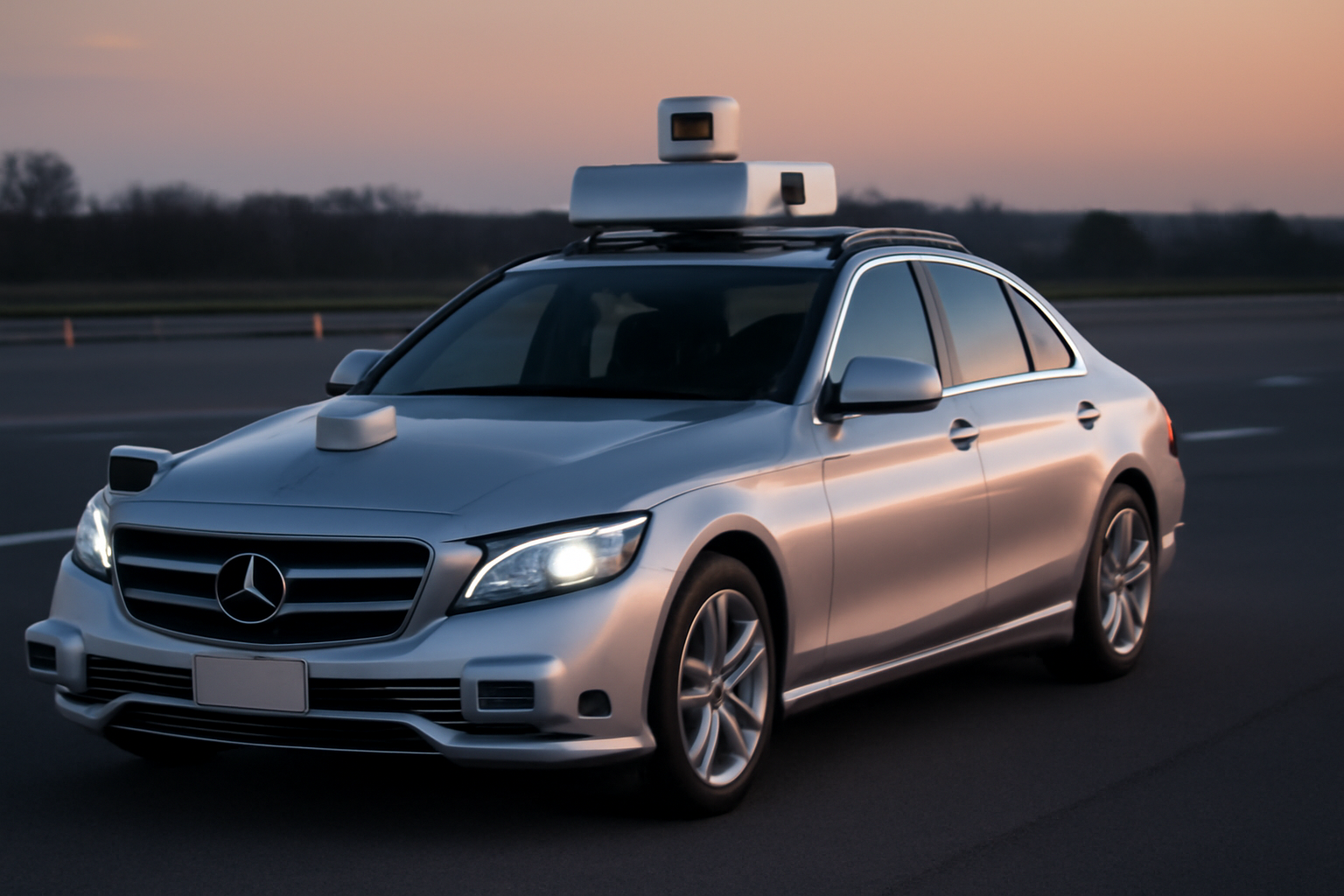 A Mercedes-Benz sedan equipped with sensor hardware for automated driving parked on a test track