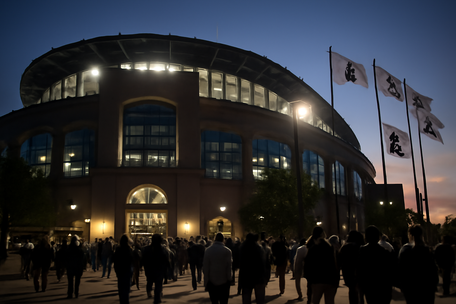 Rate Field exterior with White Sox flags ahead of a playoff game