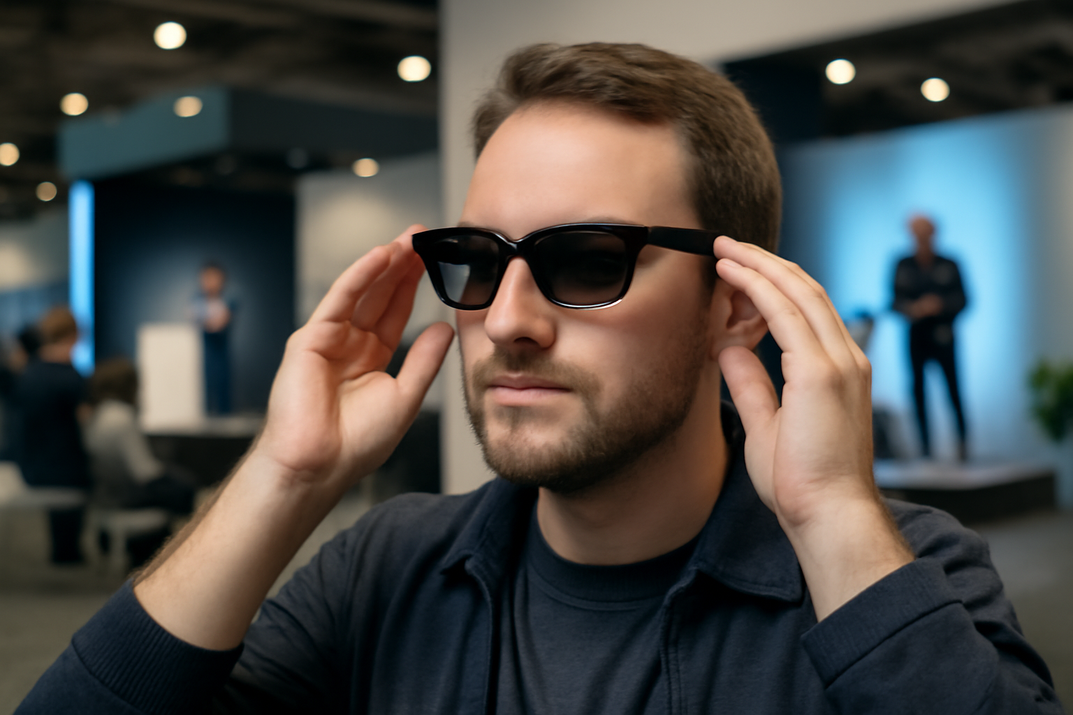 A person wearing lightweight audio smart glasses at a tech conference demo booth