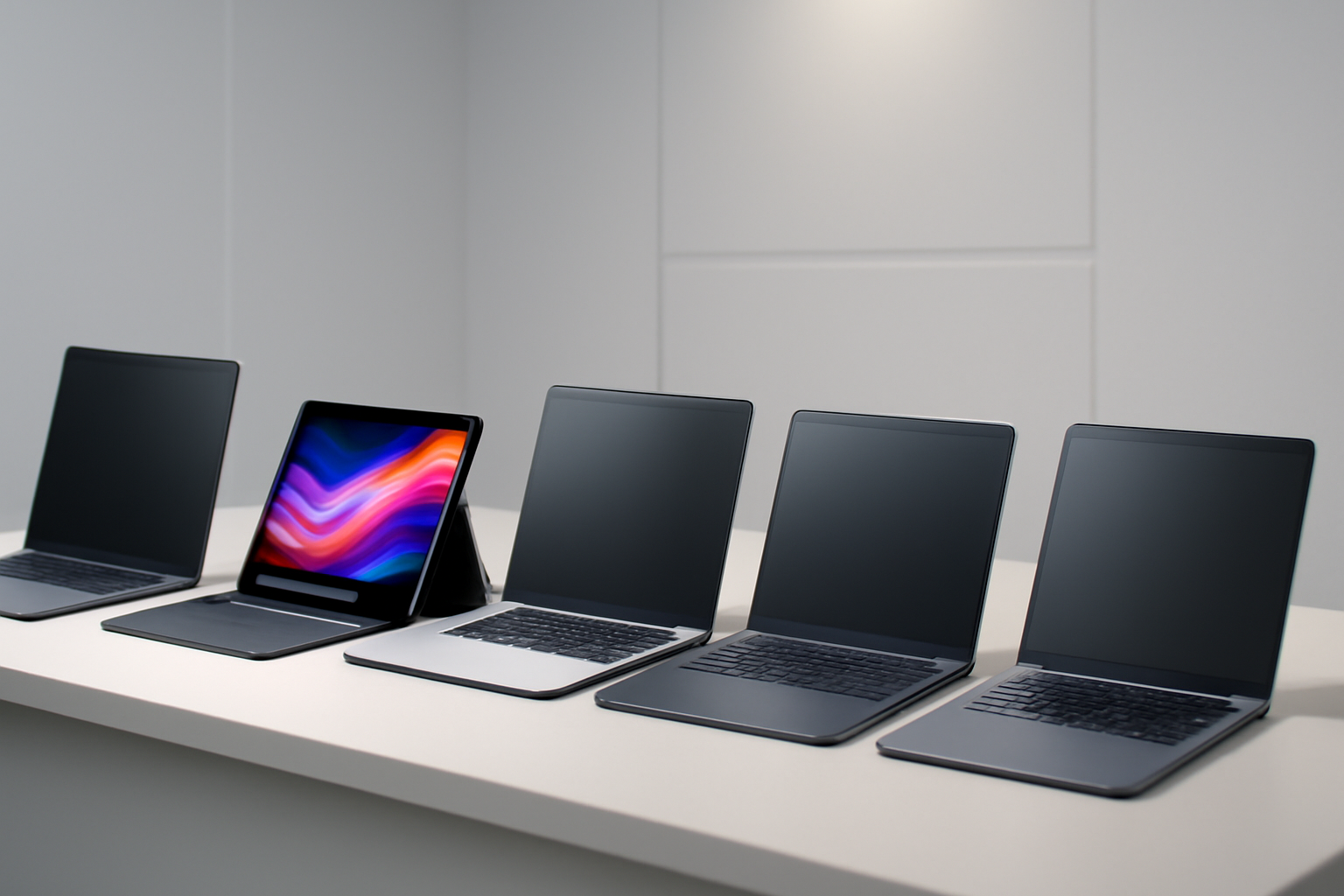 Five laptops with Google branding arranged side by side on a table, showing different hinge designs