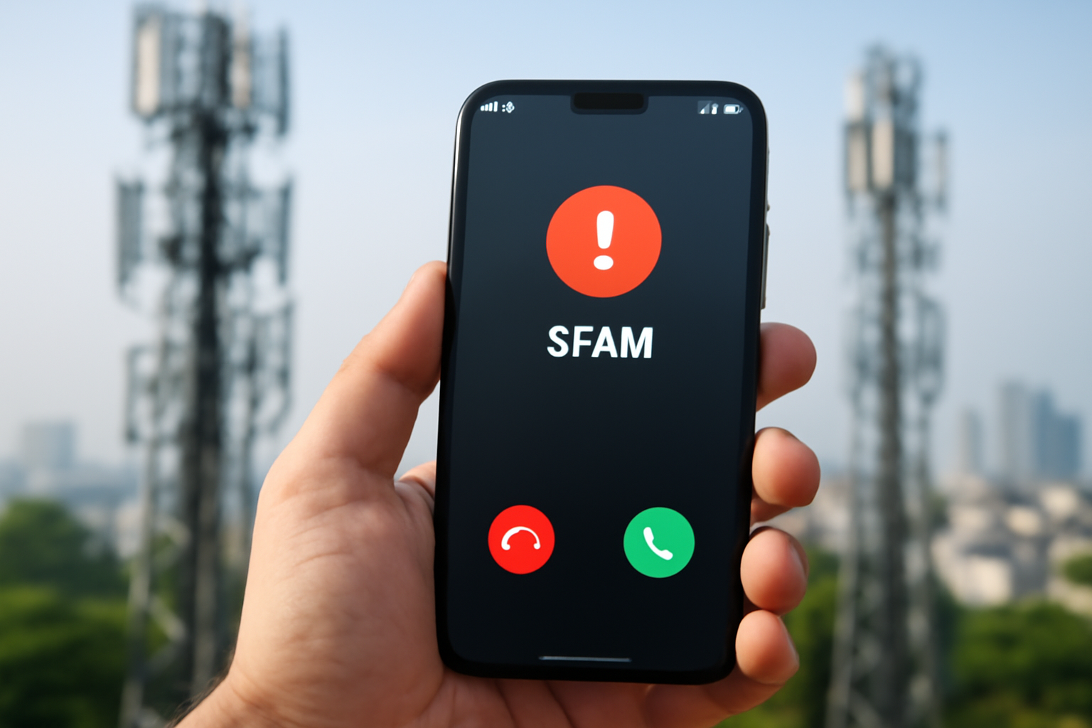 Smartphone screen displaying an incoming call flagged as spam, held against a backdrop of telecom network towers in India