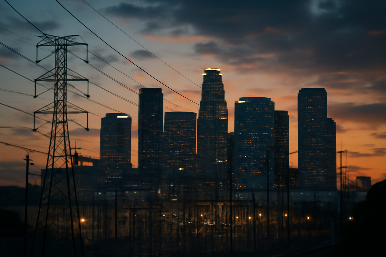 Downtown Los Angeles office towers with power transmission lines in the foreground at dusk