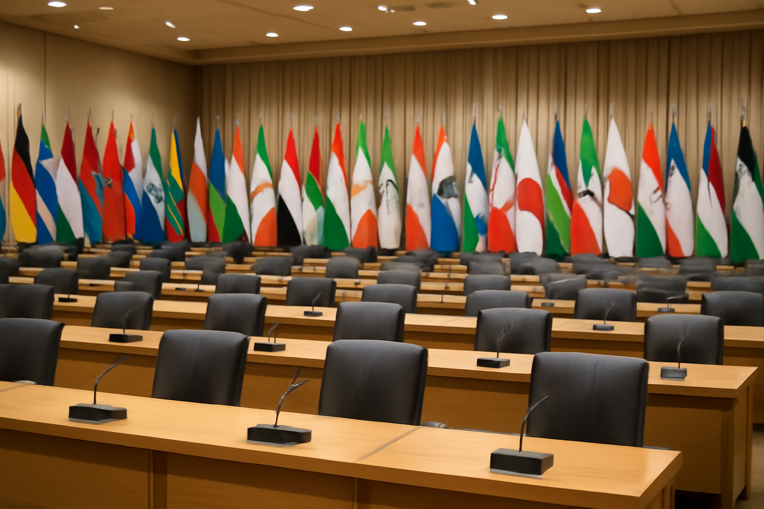 A conference hall stage set up for a United Nations climate summit with national flags and empty delegate seating