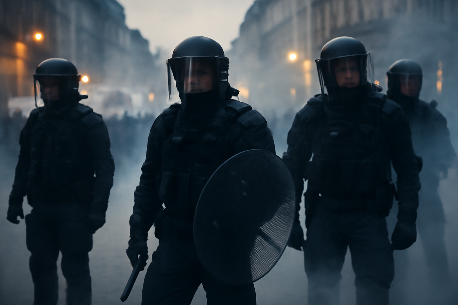 Riot police in protective gear stand near a haze of tear gas on a French city street during a protest