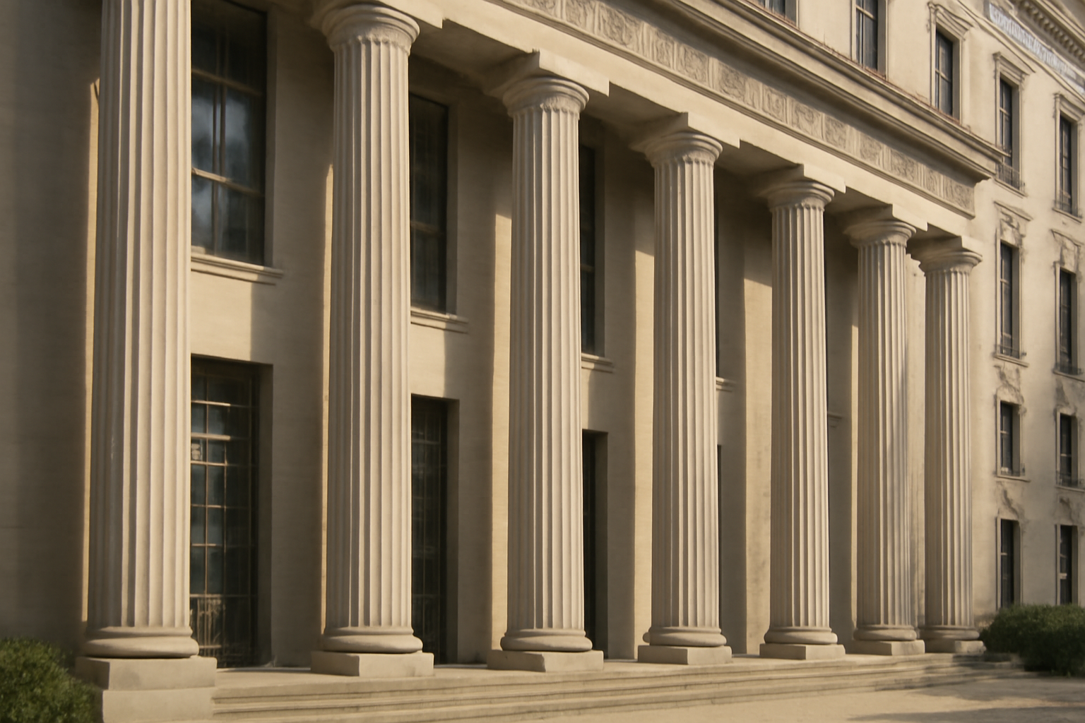 Exterior of the U.S. Department of Justice building in Washington under a clear sky