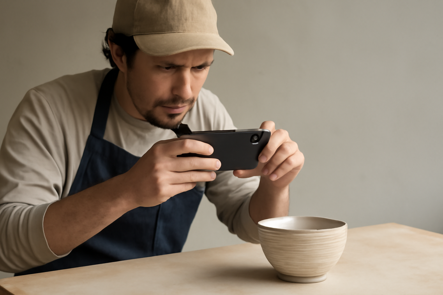 Close-up of hands photographing a handmade ceramic mug against a plain background for an online marketplace listing