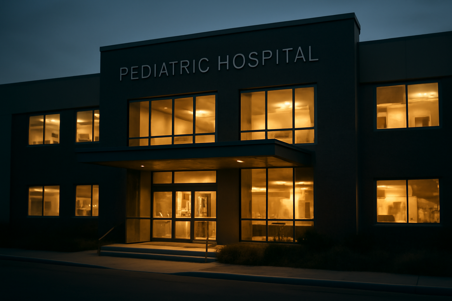 Exterior entrance of a pediatric hospital building with glass doors and a covered drop-off area