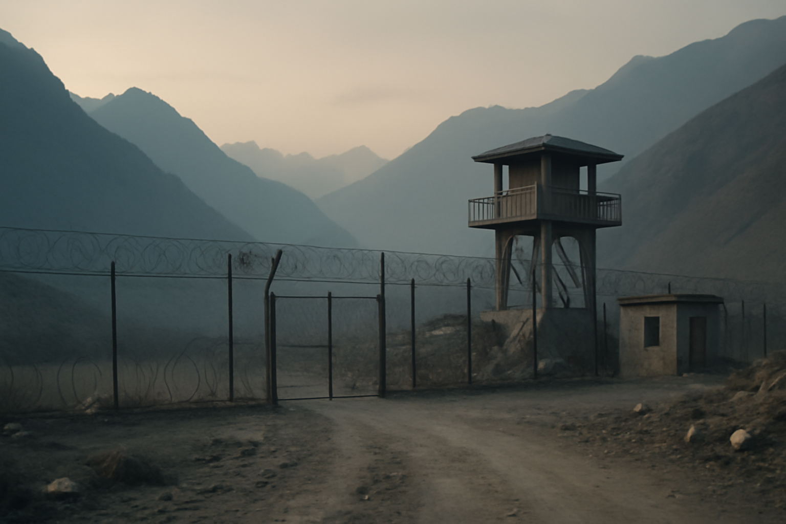 A watchtower and razor-wire fence line along a mountainous border crossing at dawn