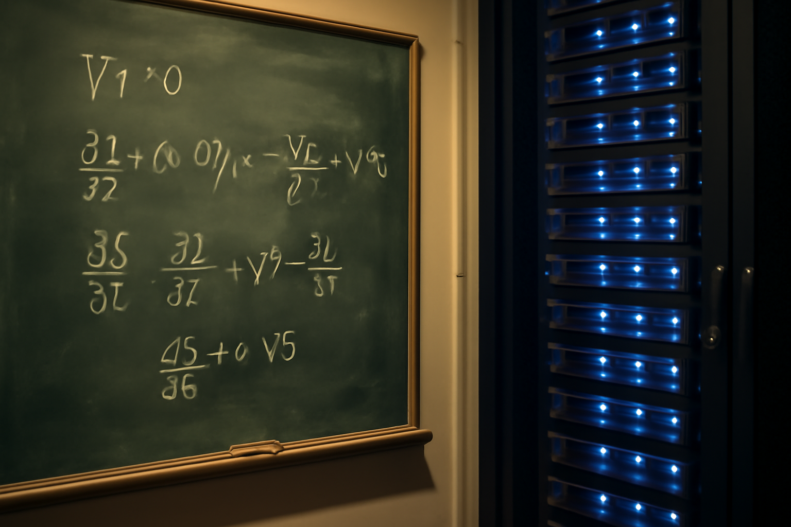Chalkboard covered in fluid dynamics equations beside a glowing server rack