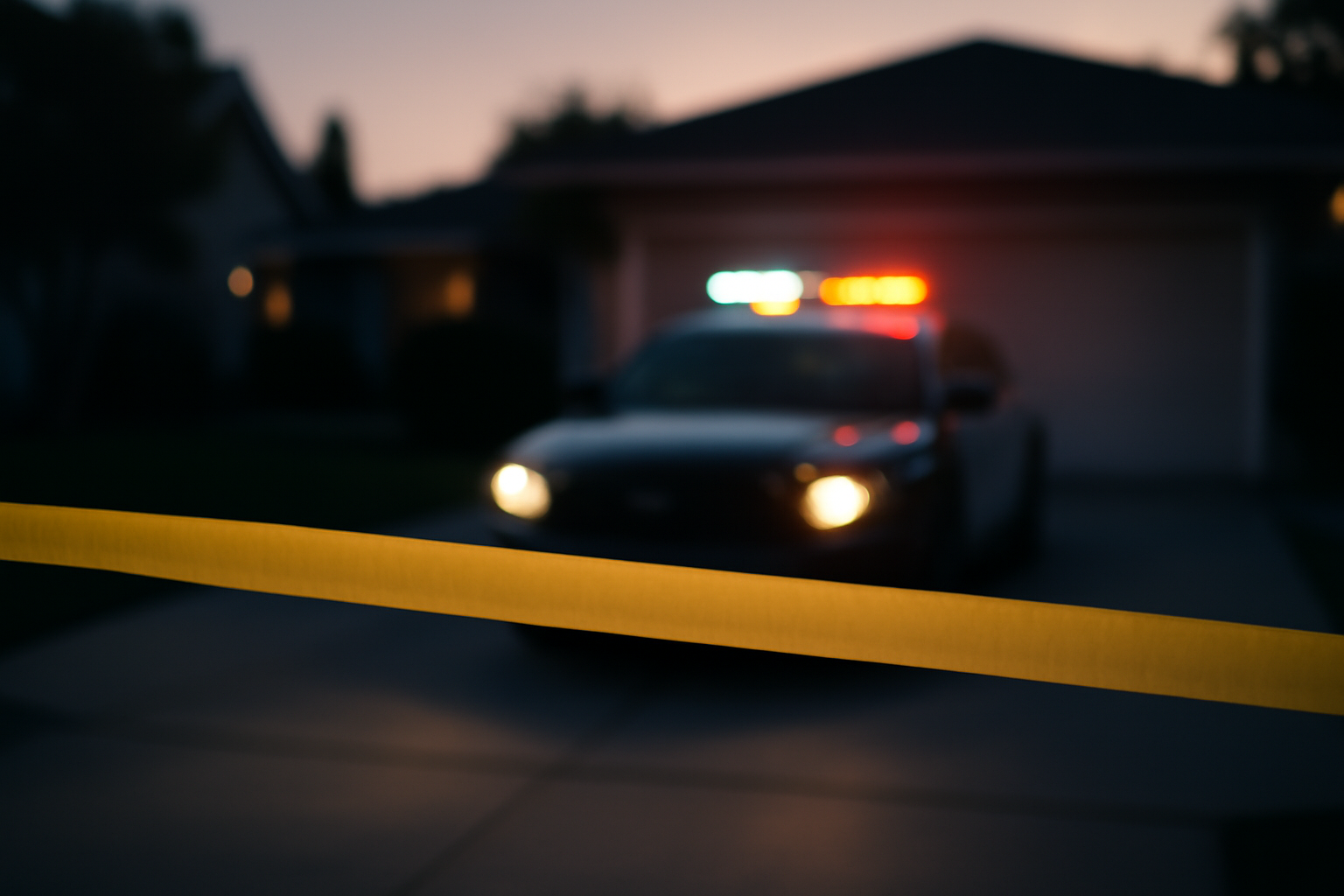 Police tape and patrol lights outside a California residential driveway at dusk
