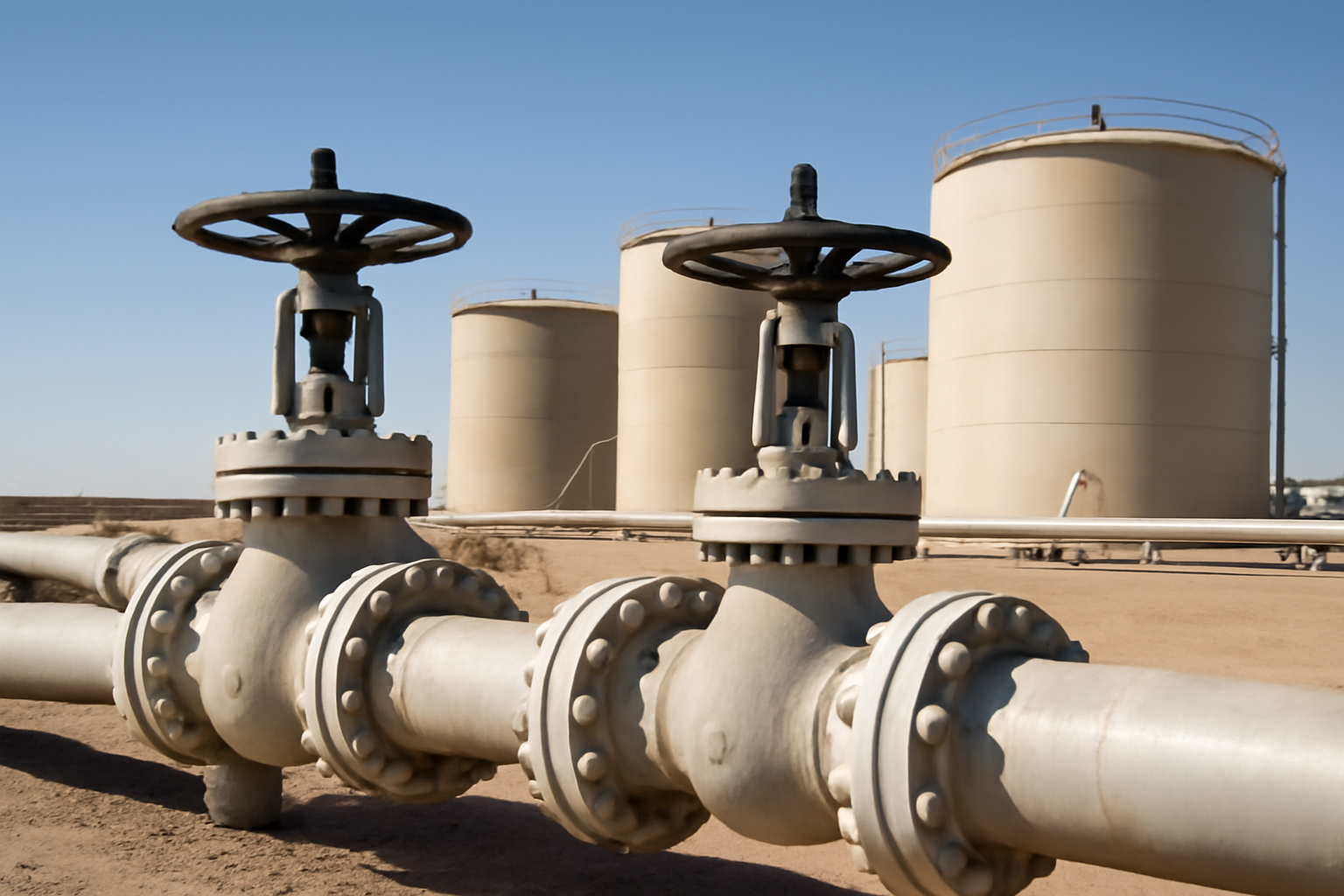 Industrial pipeline valves and storage tanks at a Saudi Arabian crude oil distribution facility