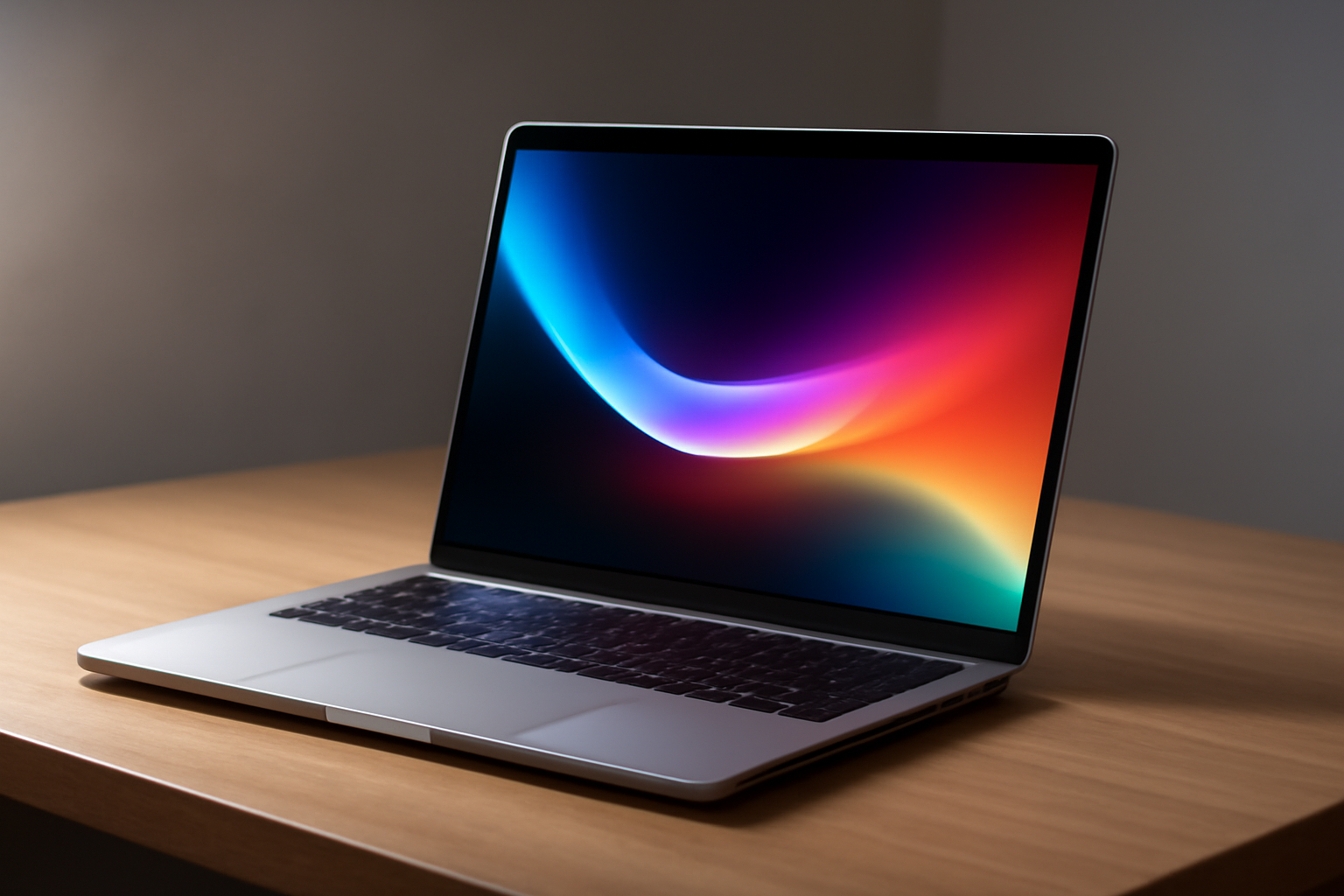Silver MacBook Pro laptop open on a desk with a glowing OLED display