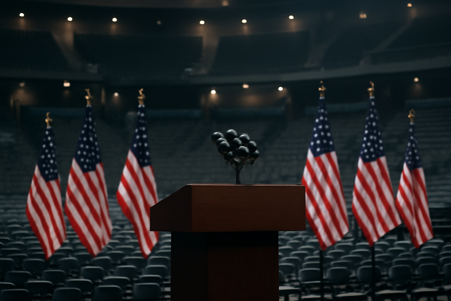 Empty arena stage set up with podium and American flags ahead of a political rally