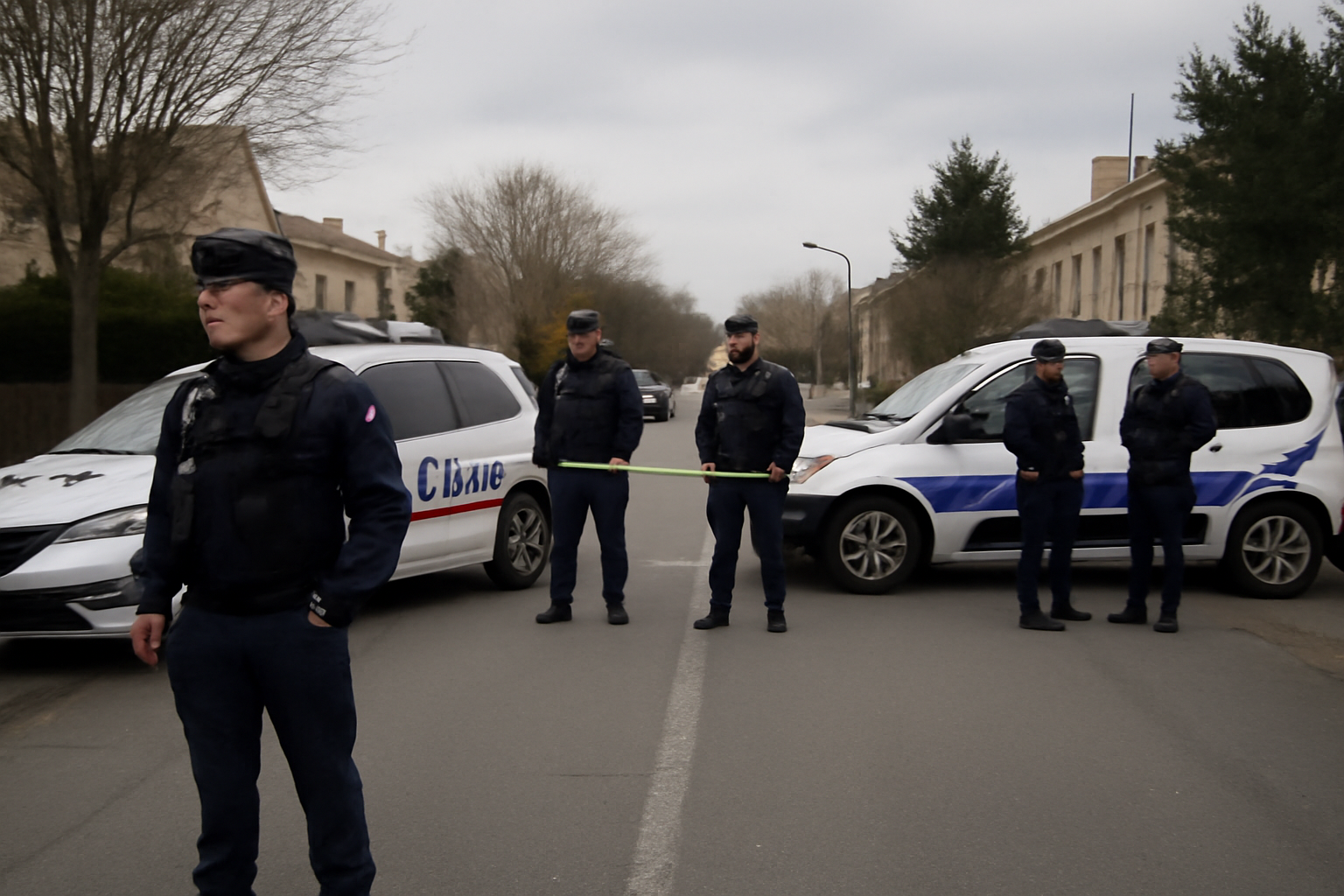 French police officers standing near patrol vehicles on a suburban street in Trappes, France