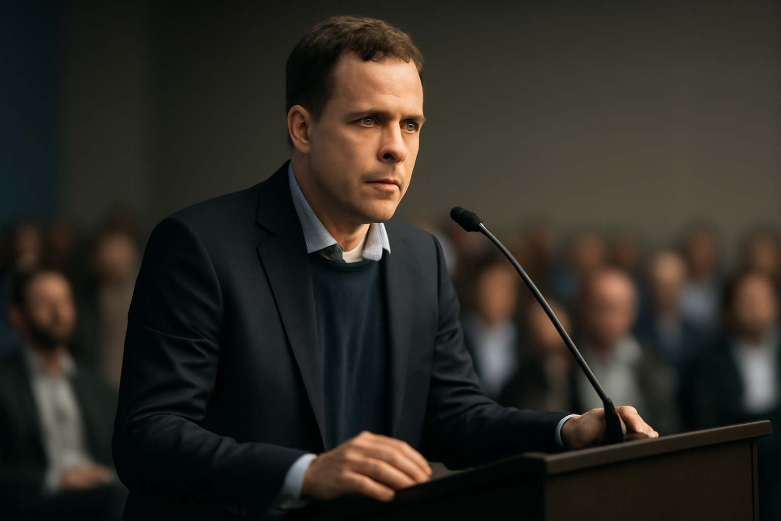 Tristan Harris speaking at a public event with microphone in hand