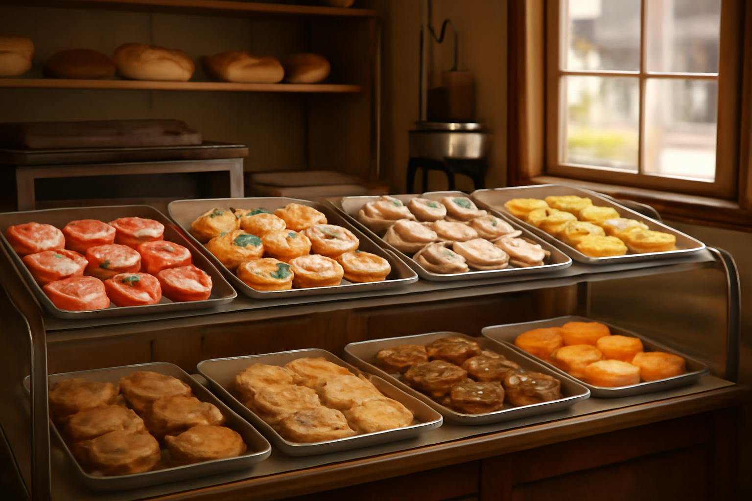 A tray of decorated cookies on a bakery counter in Kansas