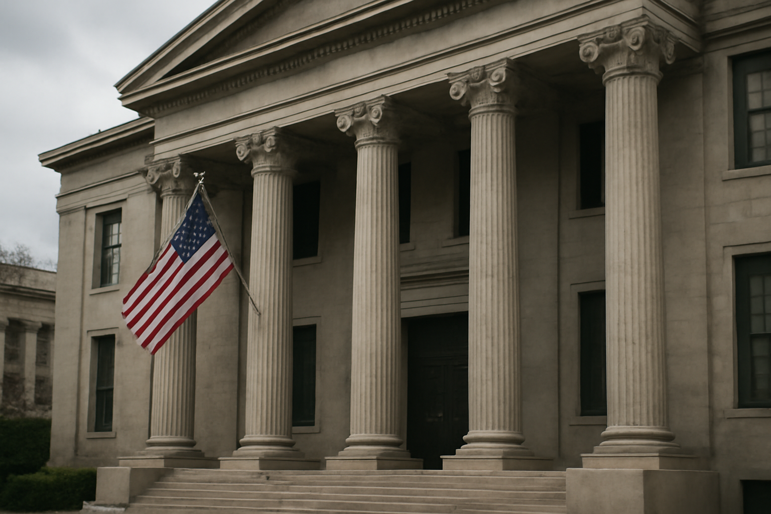 Exterior of a federal courthouse with columns under an overcast sky