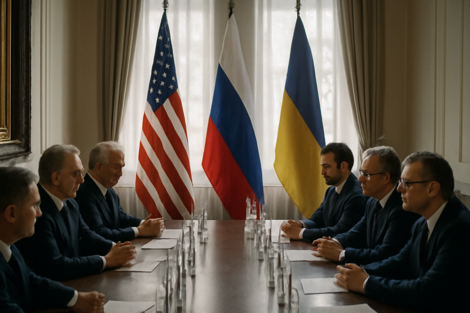 Diplomats seated at a long table during talks on the Ukraine war