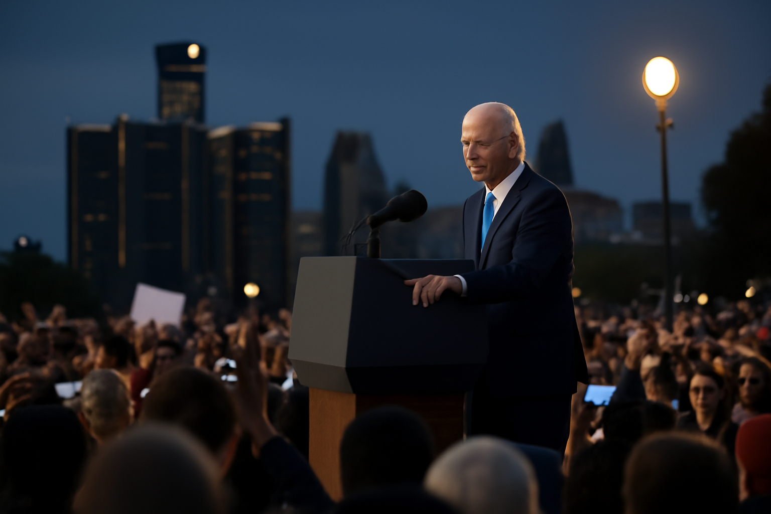 Barack Obama speaking at a campaign rally podium with a Michigan crowd gathered outdoors