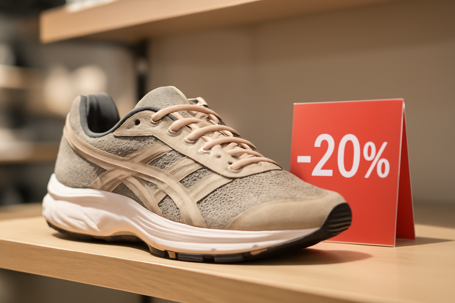 Running shoes displayed on a store shelf with a discount tag