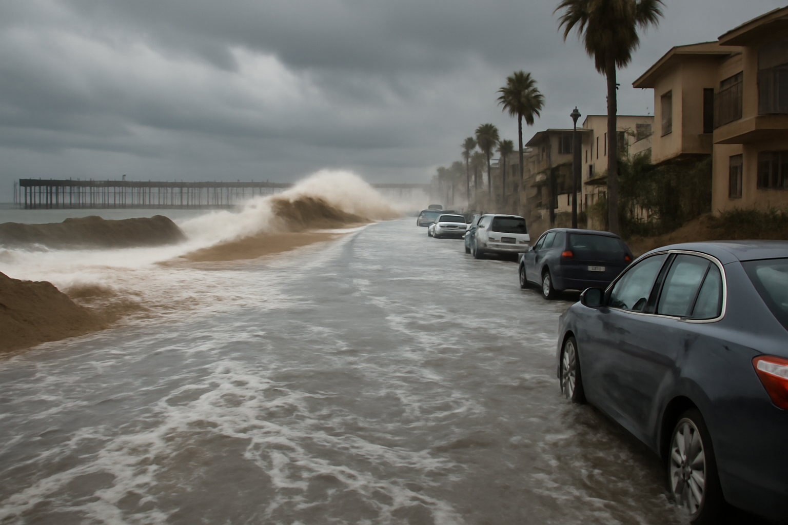 Floodwater covering a street on Balboa Peninsula in Newport Beach during high tide flooding.