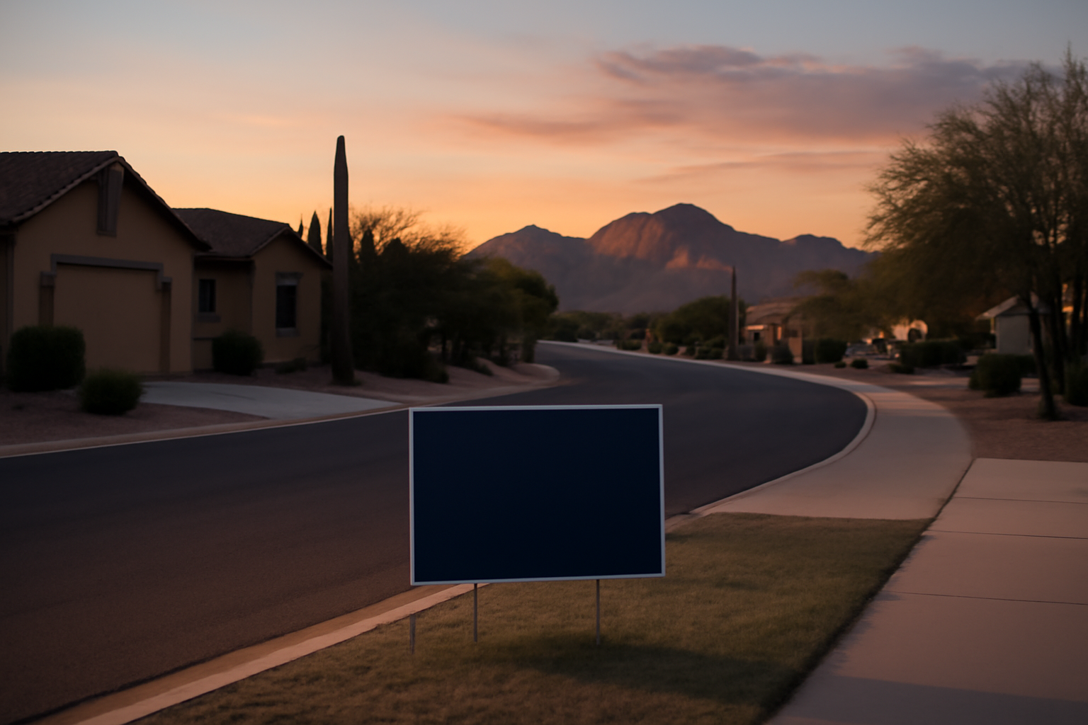 Arizona desert landscape with a campaign yard sign near a polling place