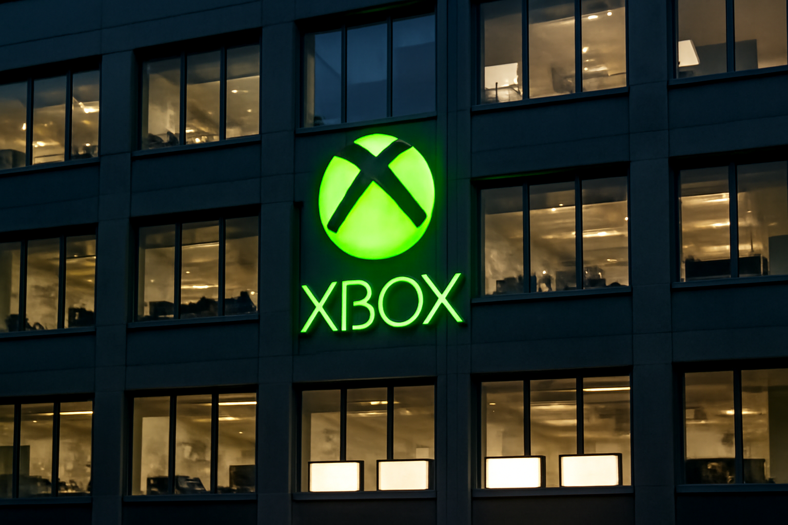 Xbox logo displayed on a dark office building facade with studio nameplates below it