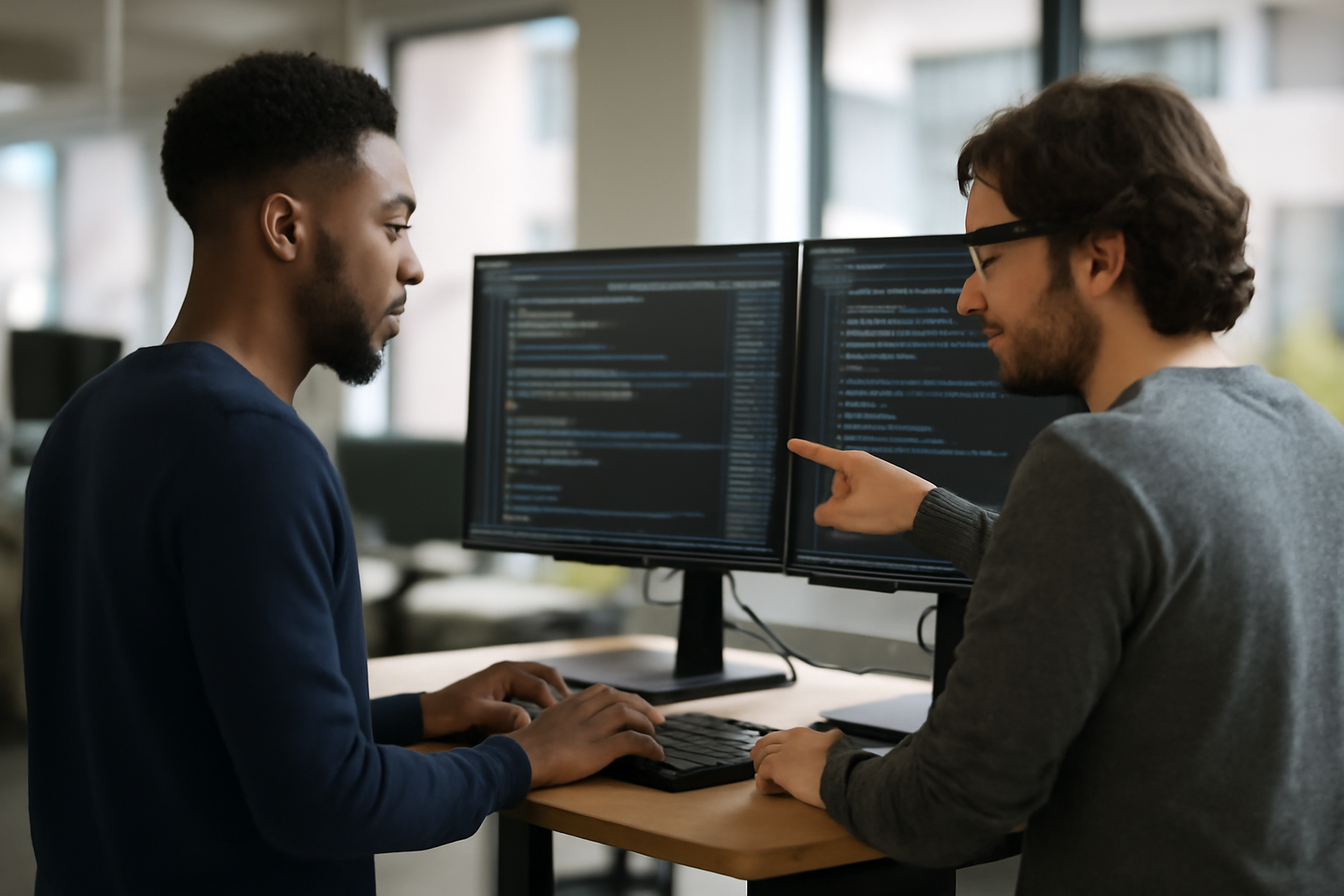 Software engineers reviewing lines of AI-generated code on dual monitors in an office setting